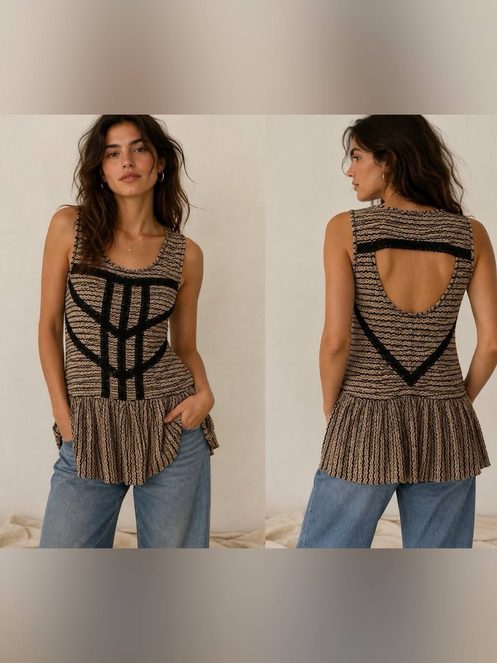Free People Women’s M Crochet Lace Peplum Top Open Back Boho Black Beige